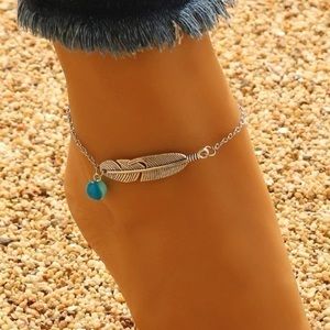 Feather Anklet Silver Plated Turquoise Charm